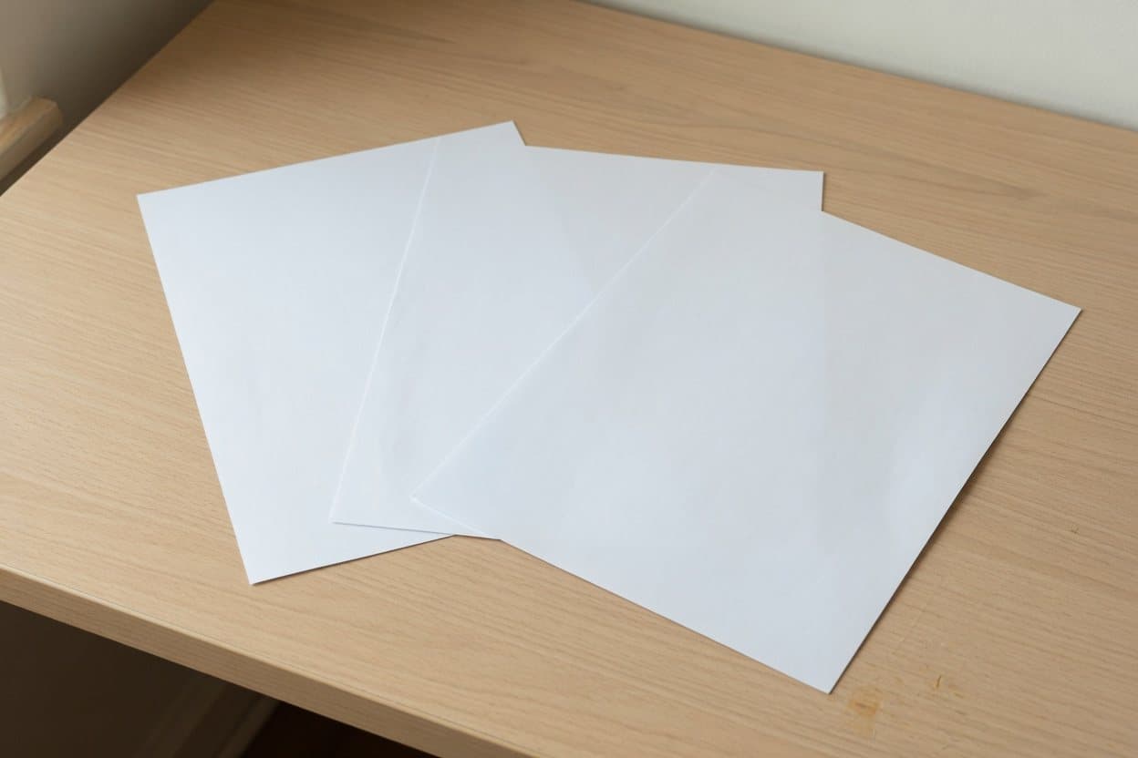 Three blank letter sheets, slightly fanned on a desk.