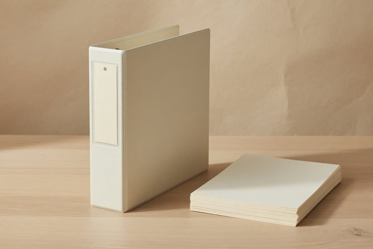 A closed cream binder standing on a desk. The spine is the thin edge, with a label window, and the front cover is a flat panel.