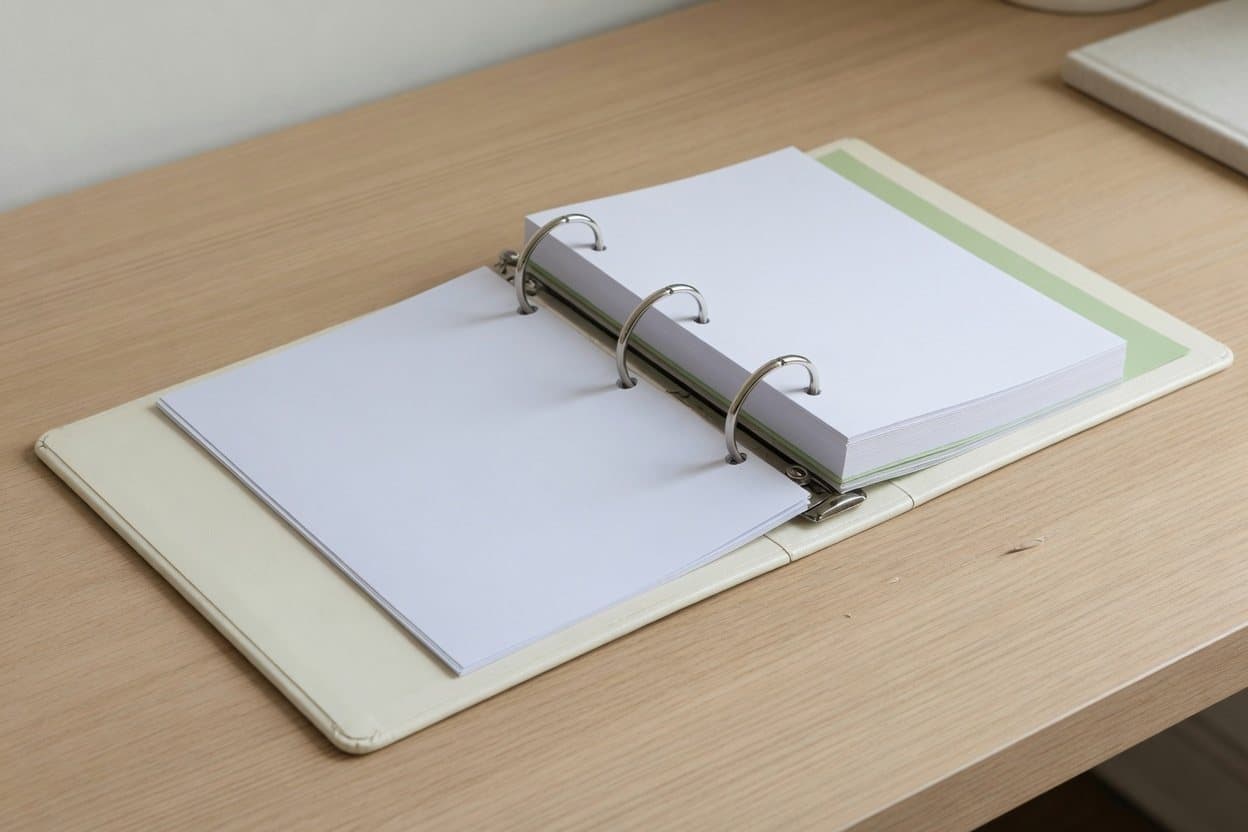 An open cream binder on a desk. Three round rings hold letter sheets, and a colored divider shows as a paper edge.
