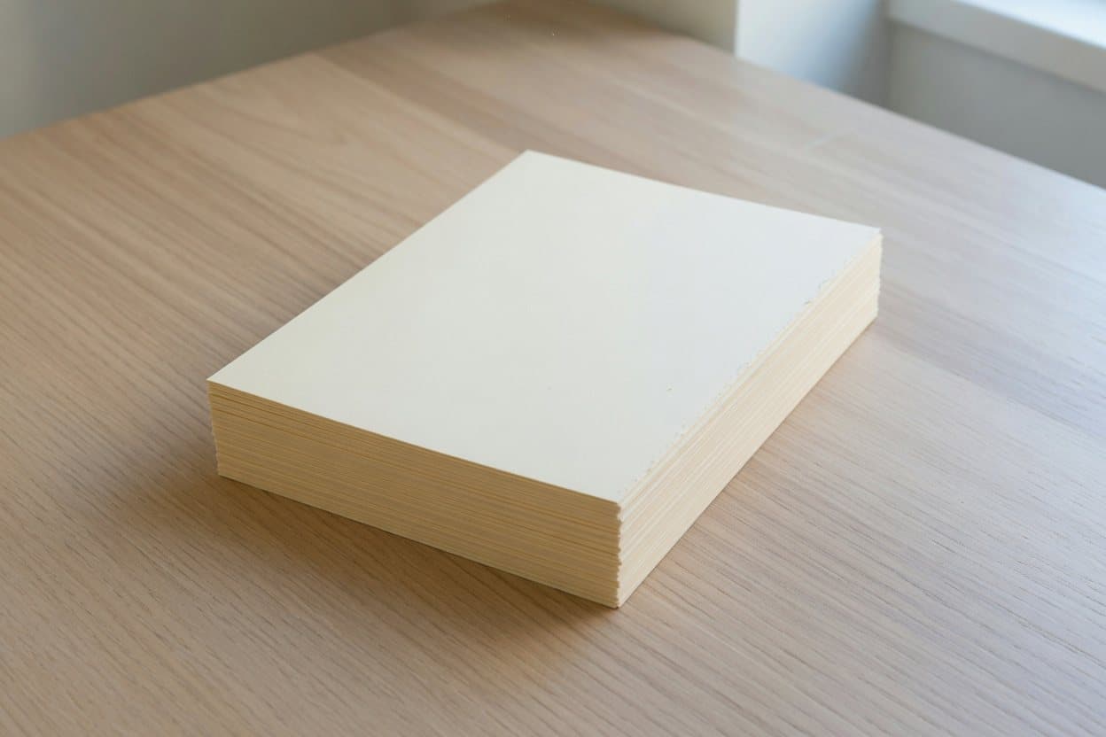 A short stack of blank letter paper on a desk.